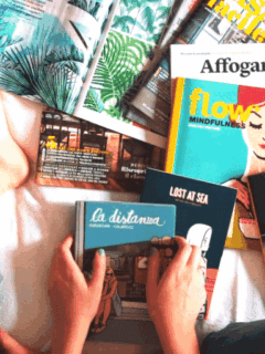 Magazine reading books about mindfulness and literature, relaxing activity, Think About Such Things.