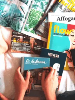 Magazine reading books about mindfulness and literature, relaxing activity, Think About Such Things.