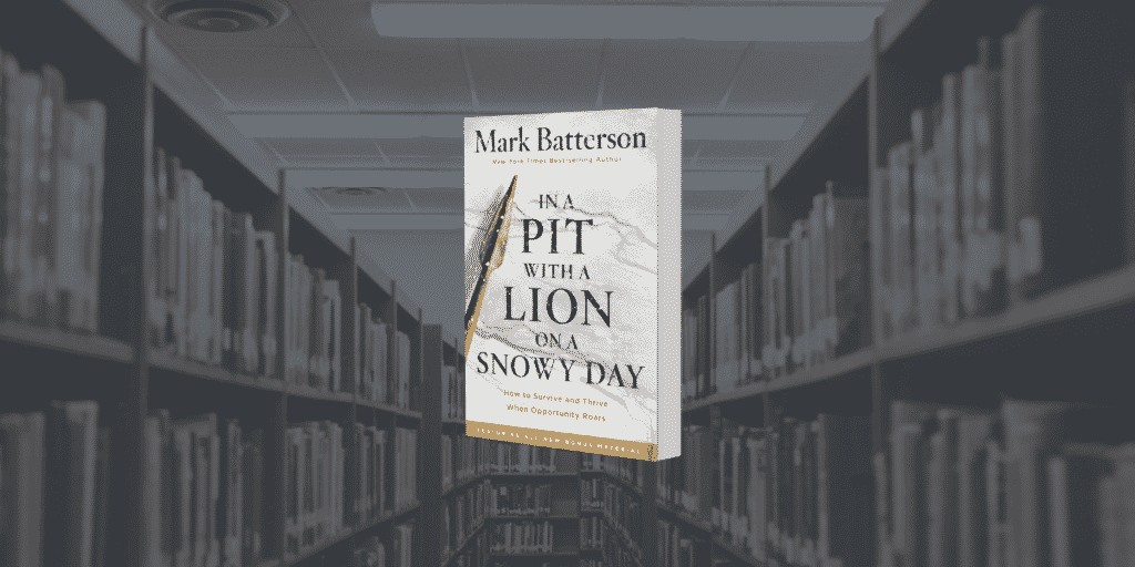 in a pit with a lion on a snowy day
