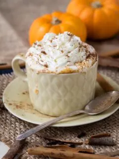 Pumpkin spice coffee mug with whipped cream and cinnamon; autumn seasonal beverage.