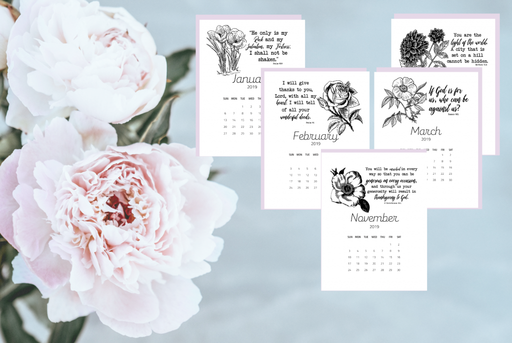Free 2019 Floral Calendar with Bible Verses