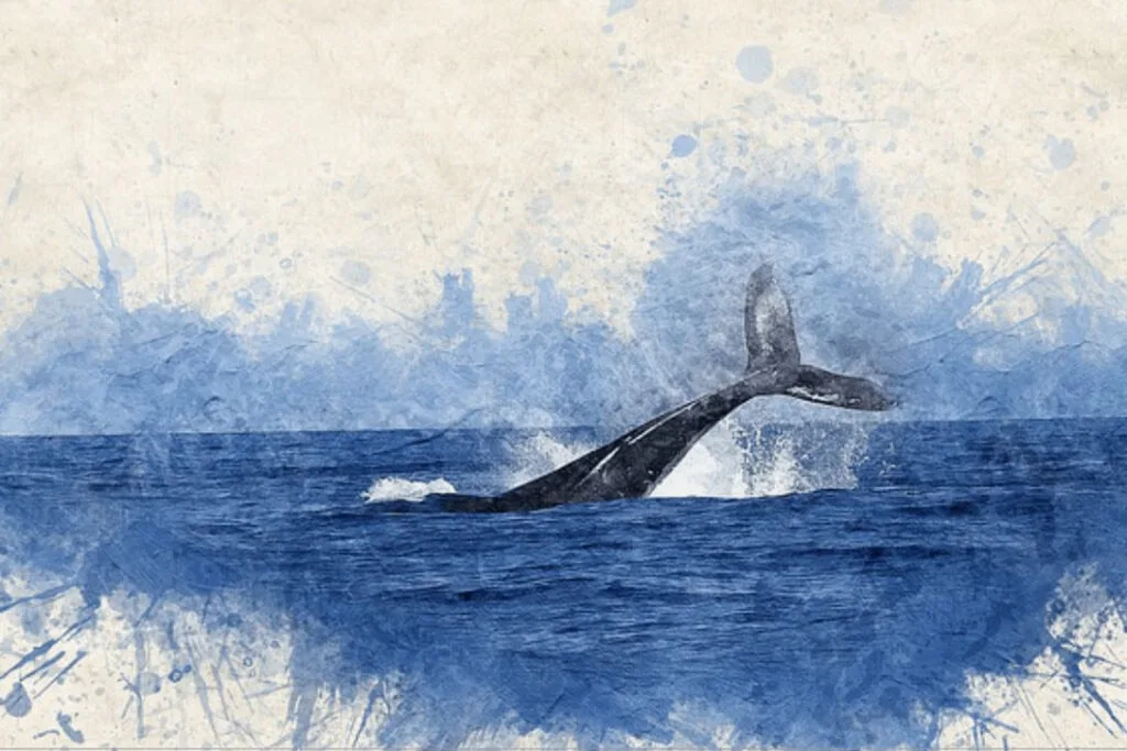 Majestic whale breaching ocean water in watercolor style artwork.
