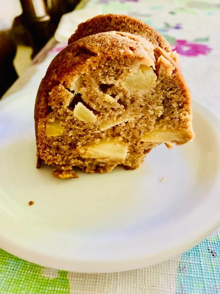 A slice of gluten free apple cake and cinnamon cake