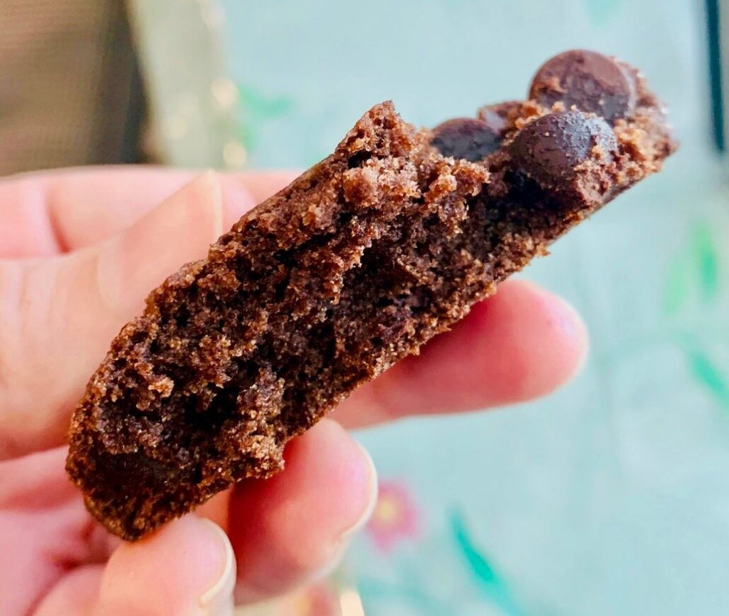 The inside of a gluten free chocolate cookie