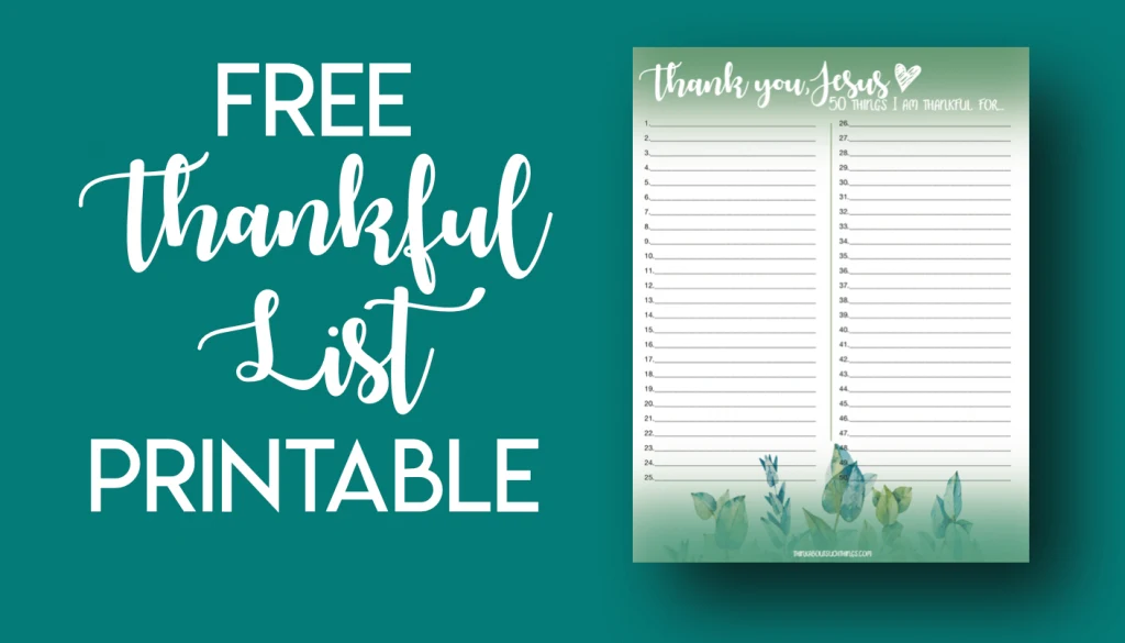 Thankful list or greatful list to download as a printable.