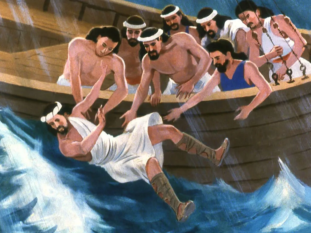 Jonah in the Bible being tossed into the water