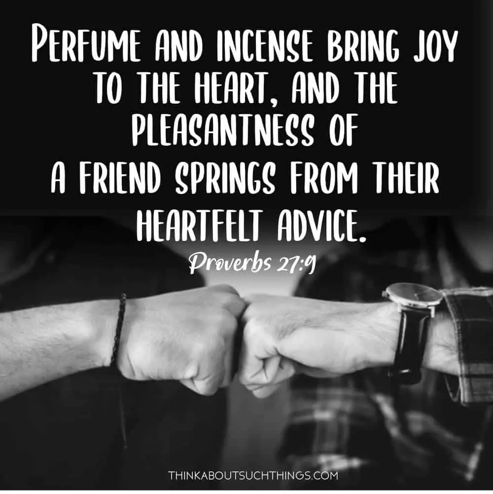 Proverbs 27:9 - Perfume and incense bring joy to the heart, and the pleasantness of a friend springs from their heartfelt advice. A Proverb about friendship in the Bible