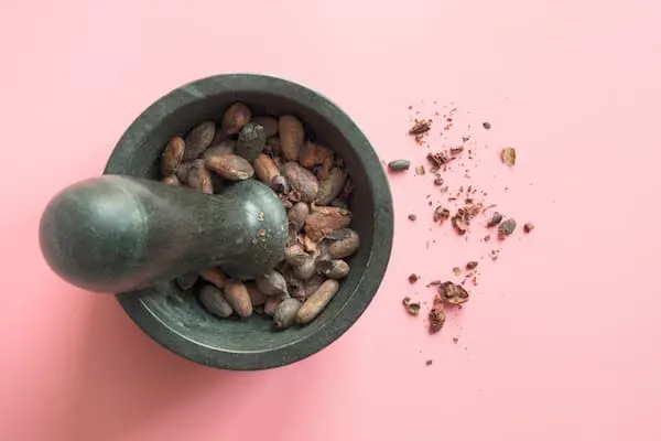 Cacao beans being broken into cacao nibs