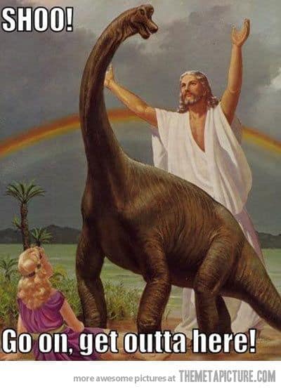 Jesus shoo dinosaur meme