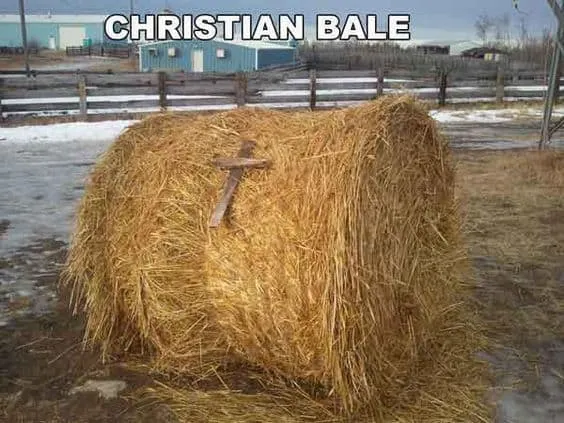 funny religious puns: Christian Bale with hay and a cross