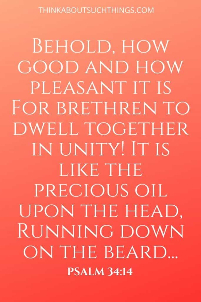 Bible Verses about Togetherness - Psalm 34:14 "Behold, how good and how pleasant it is for brethren to dwell together in Unity! It is like the precious oil..."