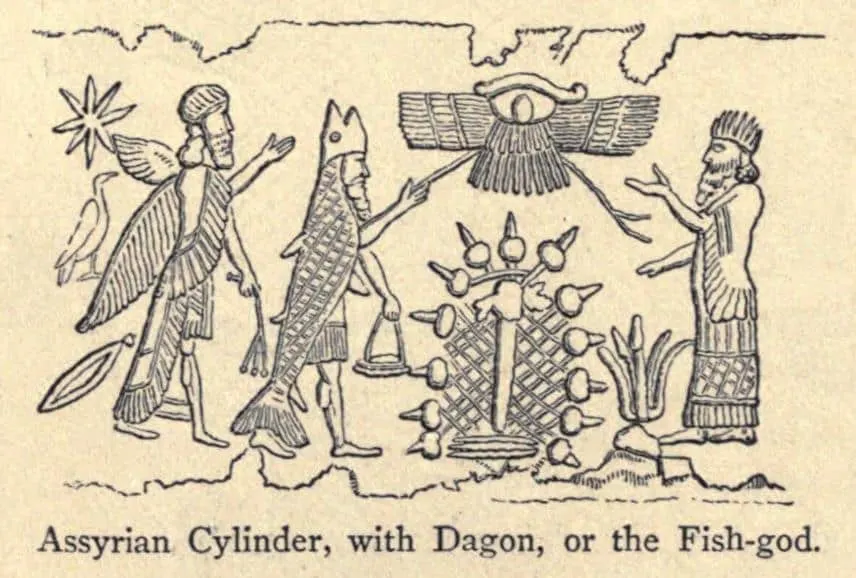dagon idol image on assyrian cylinder. dagon being worshipped.