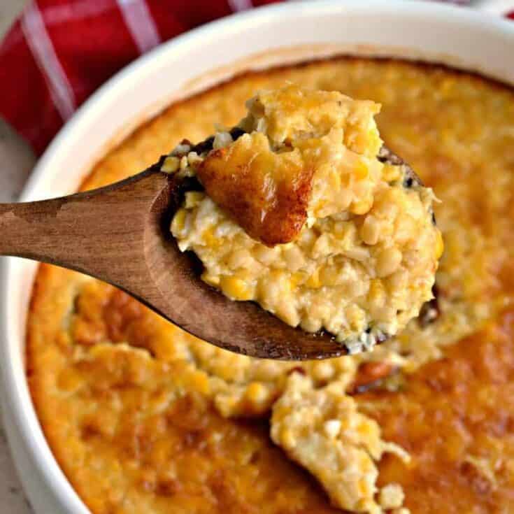 Close-up of a spoonful of cheesy baked casserole with a golden crust.