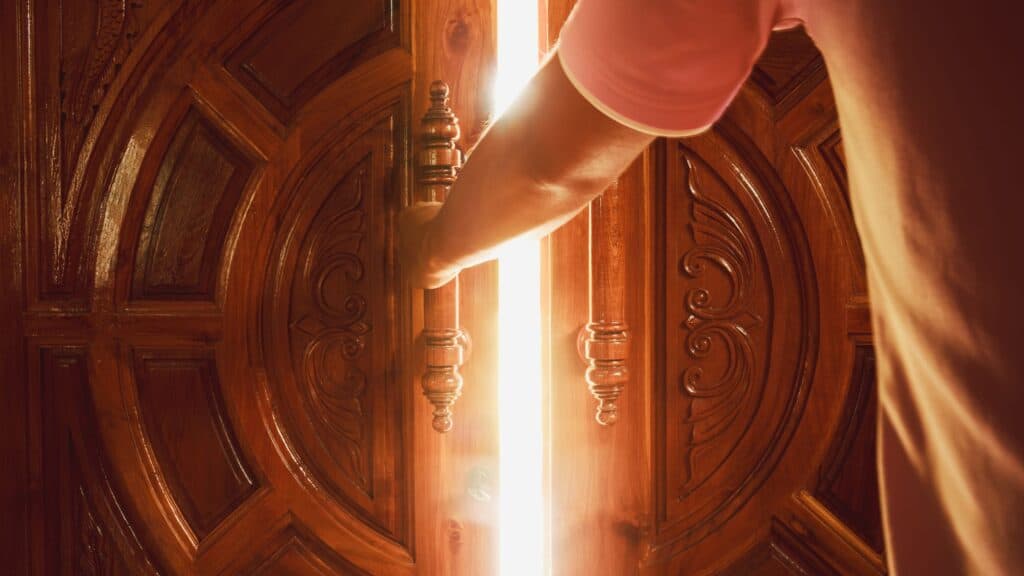 Door opening bright light Jesus is the door