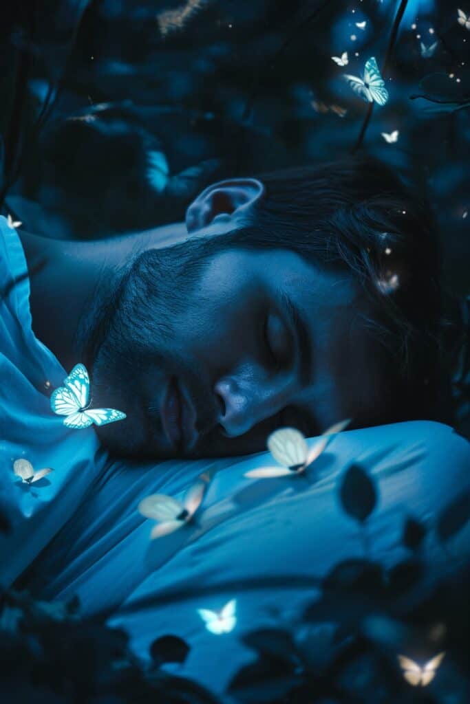 man sleeping and having a dream about butterflies