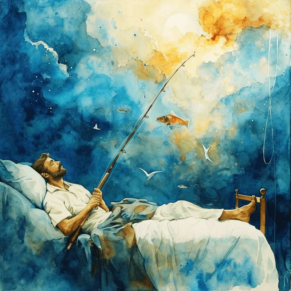 a man dreaming of catching a fish