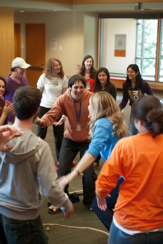 groups of young people playing an ice breaker