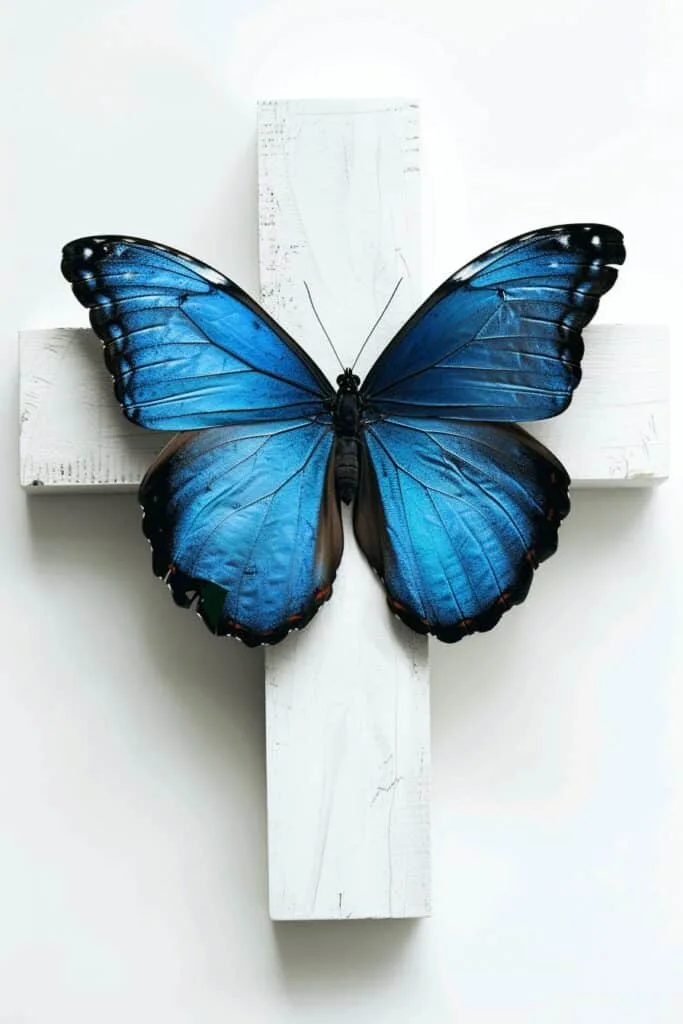 white cross with blue butterfly
