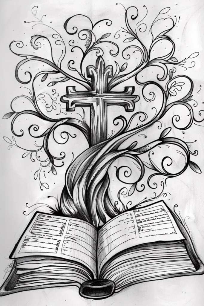 Bible drawing with tree and cross
