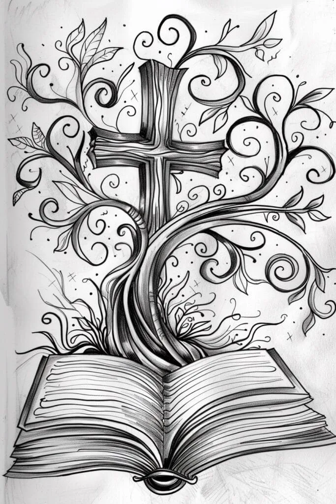 Bible drawing whimsical with tree and cross