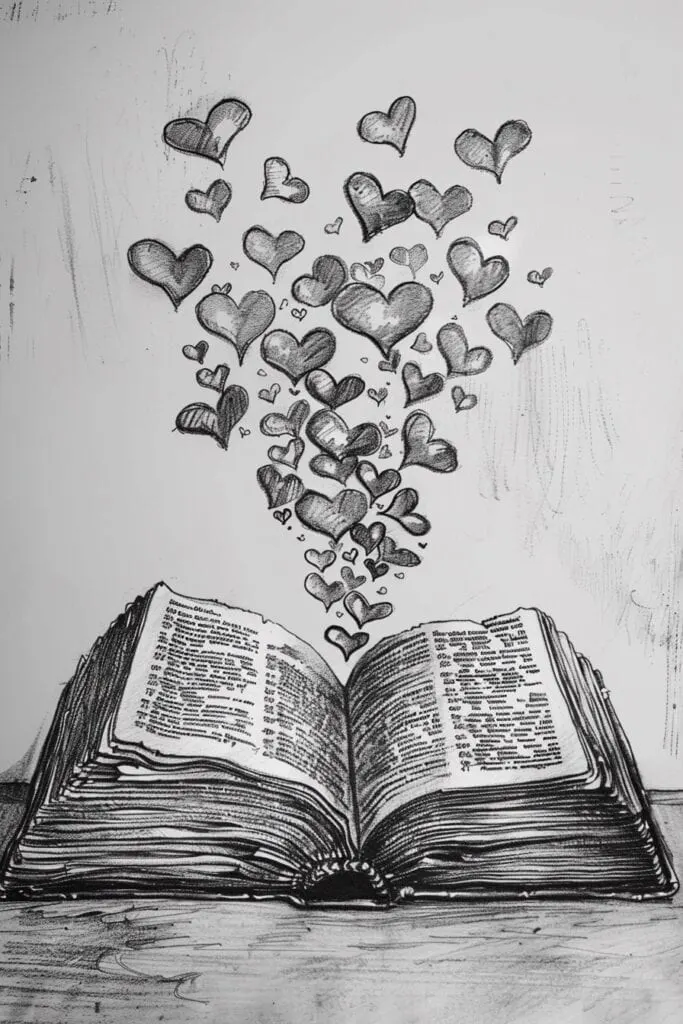 Bible drawing with lots of little hearts