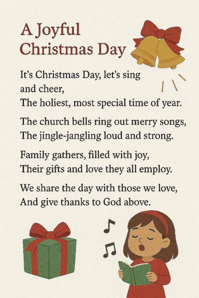 Bright Christmas bell illustration with joyful holiday message and singing girl.