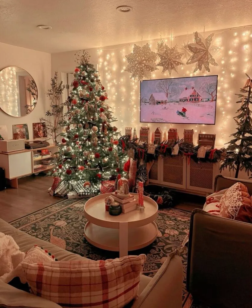 Festive Christmas living room decorated with a Christmas tree, string lights, and holiday ornaments, cozy holiday decor.