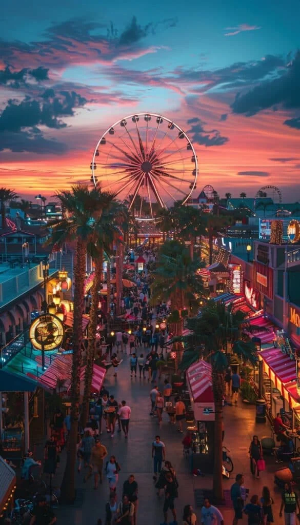 A crowded street with a ferris wheel in the background