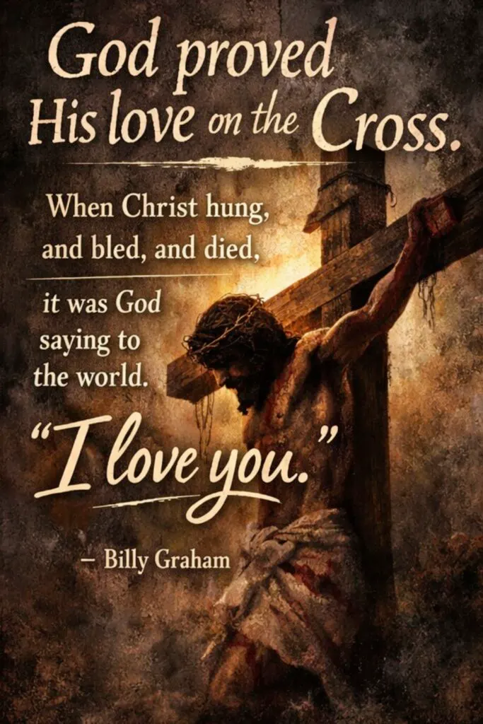 Jesus on the cross with inspiring biblical quote about God's love and sacrifice.