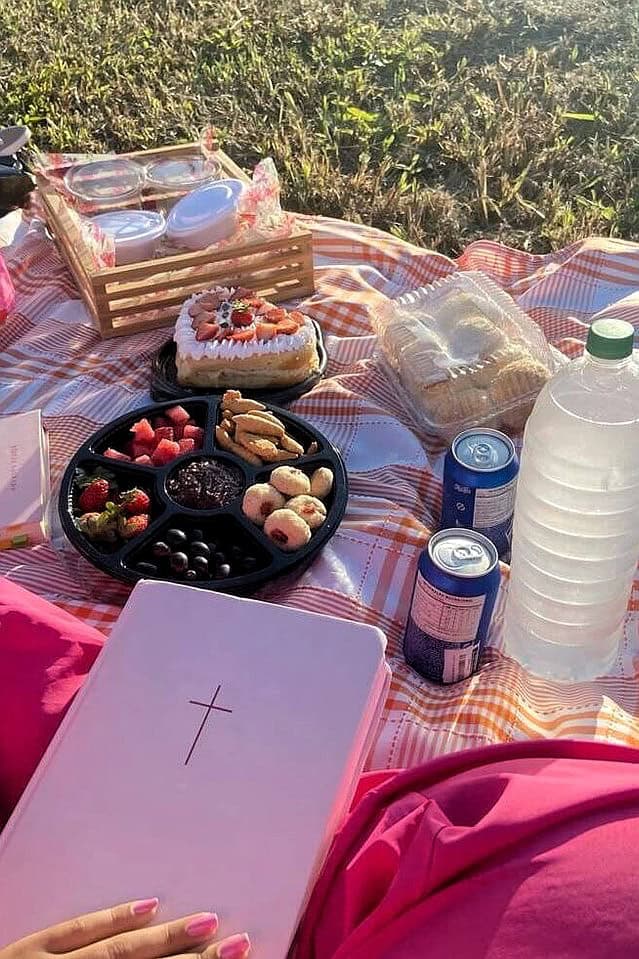 Enjoying a picnic with food, drinks, and a Bible for a Bible study session.