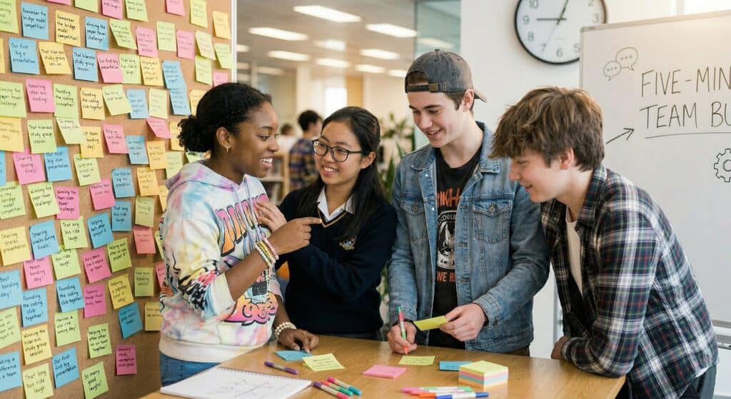 Group of diverse young adults engaging in a team-building activity with sticky notes and markers.