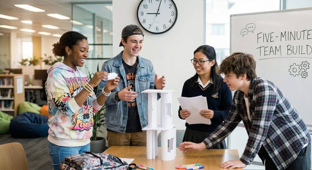 Group of diverse young adults engaging in a team building game to enhance communication and trust.
