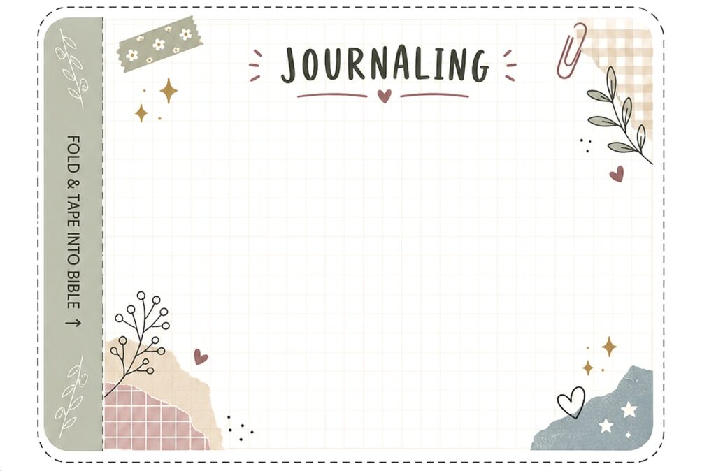 Printable journaling page for Bible study and journaling, with decorative floral and heart accents.