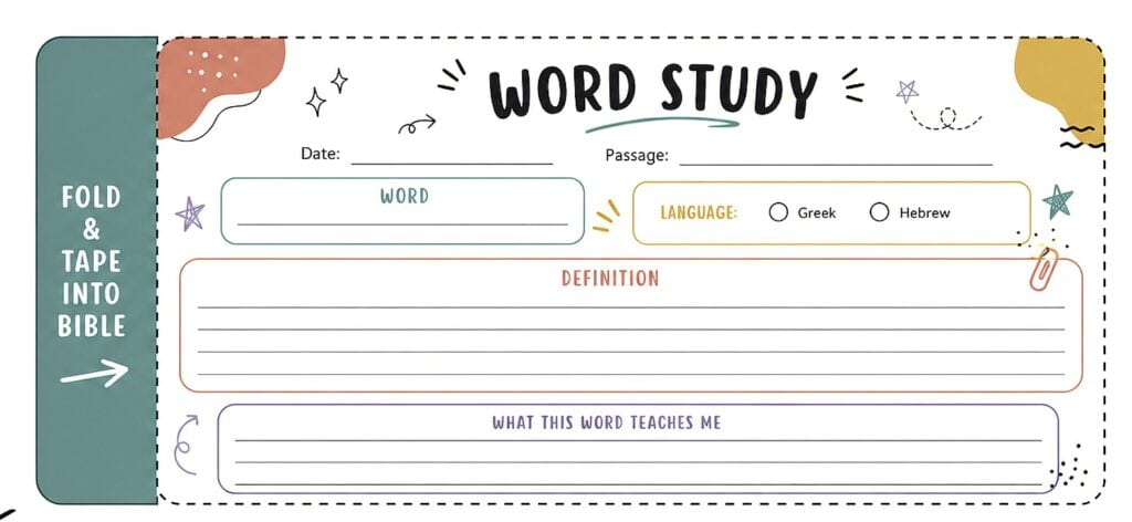 Bible journal printable for word study with definition and teaching notes.