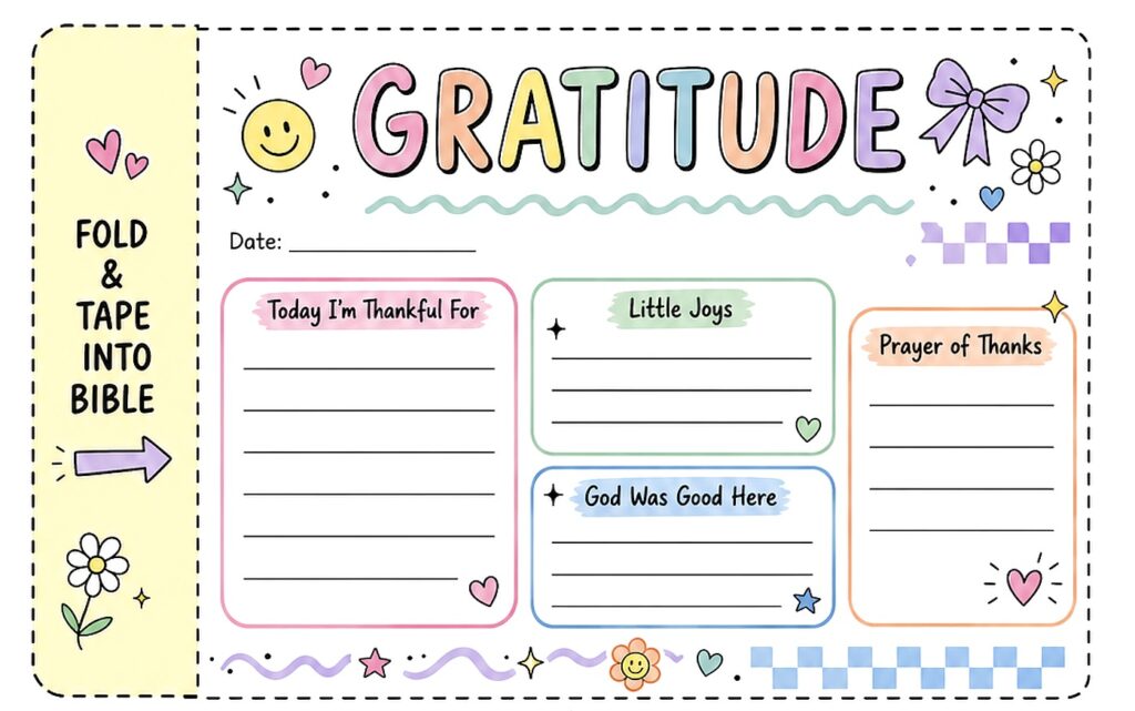 Printable gratitude journal page for Bible journaling and study.