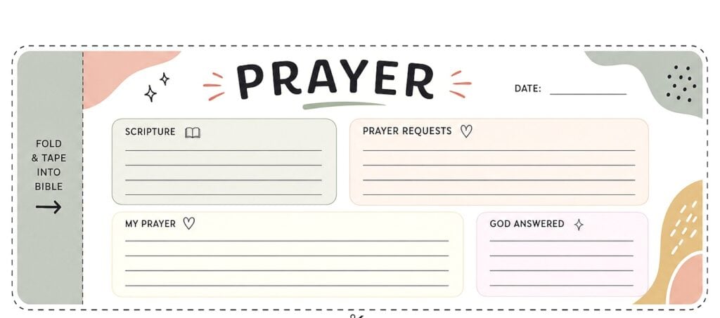 Printable prayer journal page for Bible study and journaling, with scripture and prayer requests.