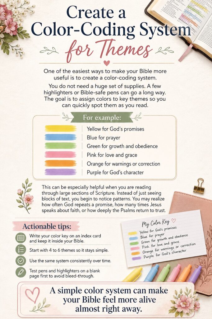 Color-coding system for Bible study themes with examples and tips.