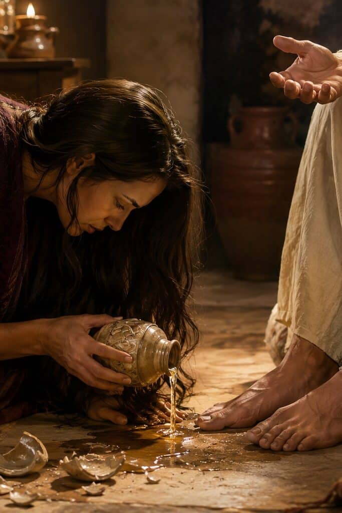 Woman washing feet in a biblical scene, symbolizing humility and service.