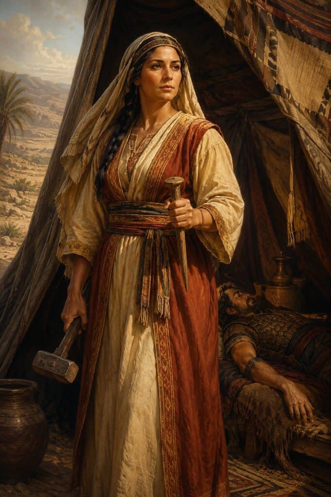 Women in the Bible in traditional attire holding a hammer, with a desert landscape background. Jael