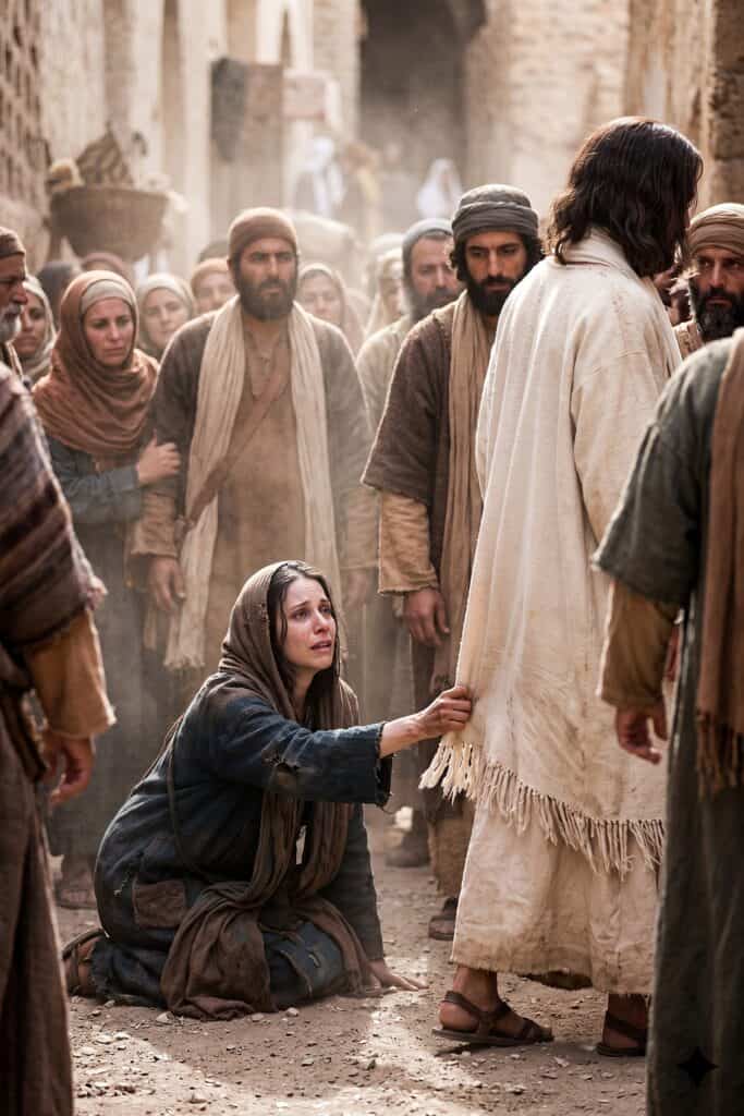 Women in biblical times demonstrating faith and humility in a historical setting.