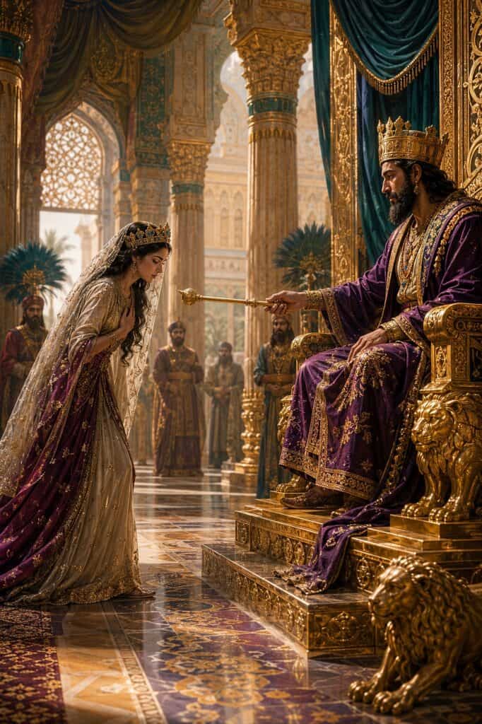 Esther, Queen Esther, King Xerxes, royal palace, biblical story, ancient Persia.
