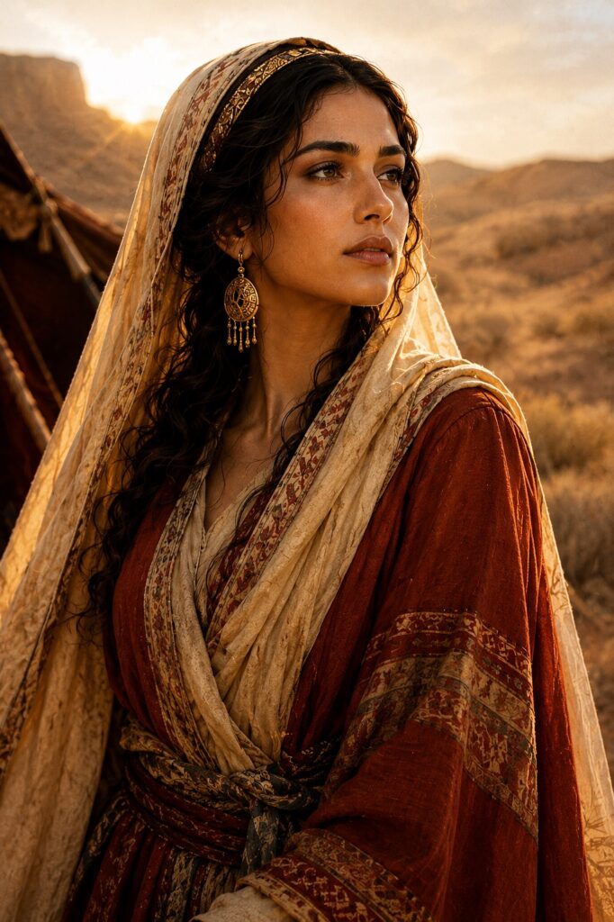 bible Woman in traditional desert clothing with sunset background, reflecting biblical times.