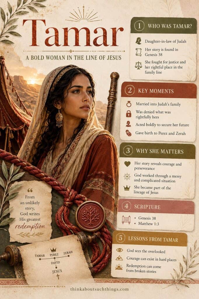 Portrait of Tamar, a biblical woman, with key moments and lessons from her story.