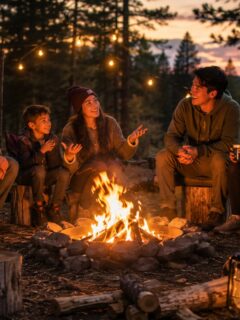 Group of kids and adults around campfire at sunset in forest for outdoor fun.