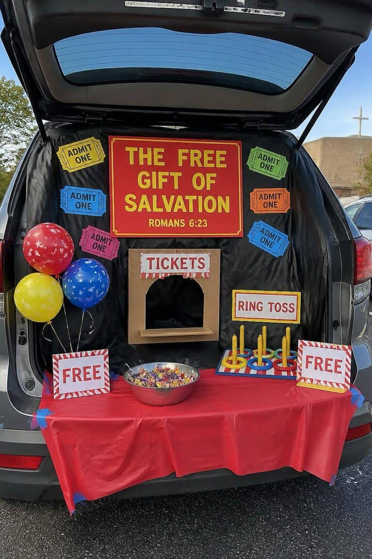 Church trunk-or-treat setup with salvation-themed decorations and free gift station.