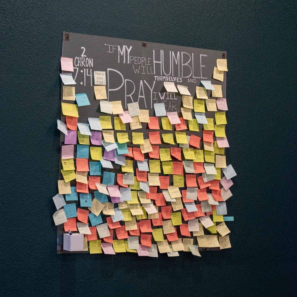Inspirational prayer wall with colorful sticky notes and handwritten message.