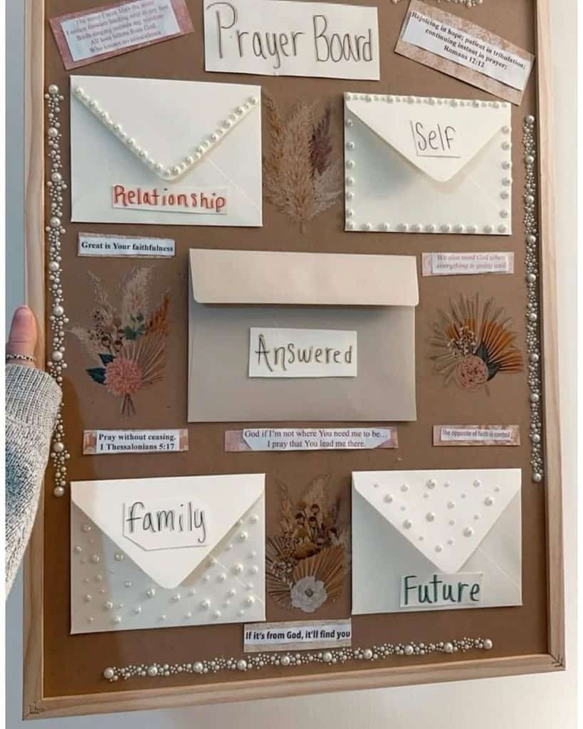 Decorative prayer board with envelopes labeled Relationship, Self, Family, Future and inspirational,.