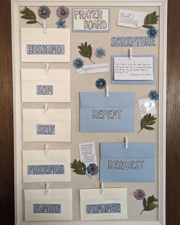Prayer board with scripture, flowers, and prayer requests for family and friends.