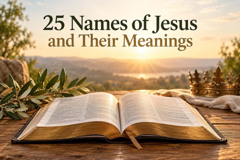 Open Bible on wooden table with sunset and crown in background for Jesus' names and meanings.