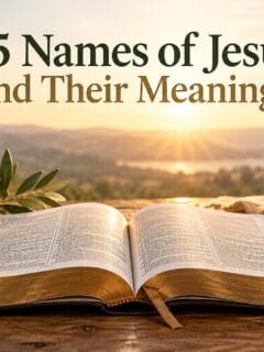 Open Bible on wooden table with sunset and crown in background for Jesus' names and meanings.